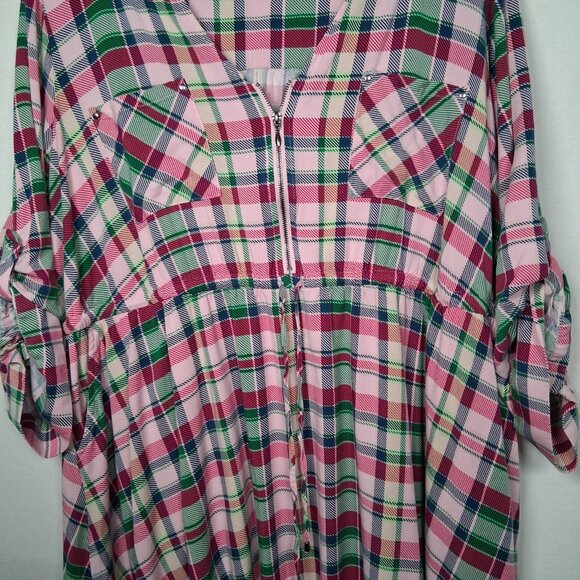 Torrid Dress Size 3 Plus Size 3X Pink Green Blue Pliad Roll Sleeve Midi Zip - Picture 14 of 16